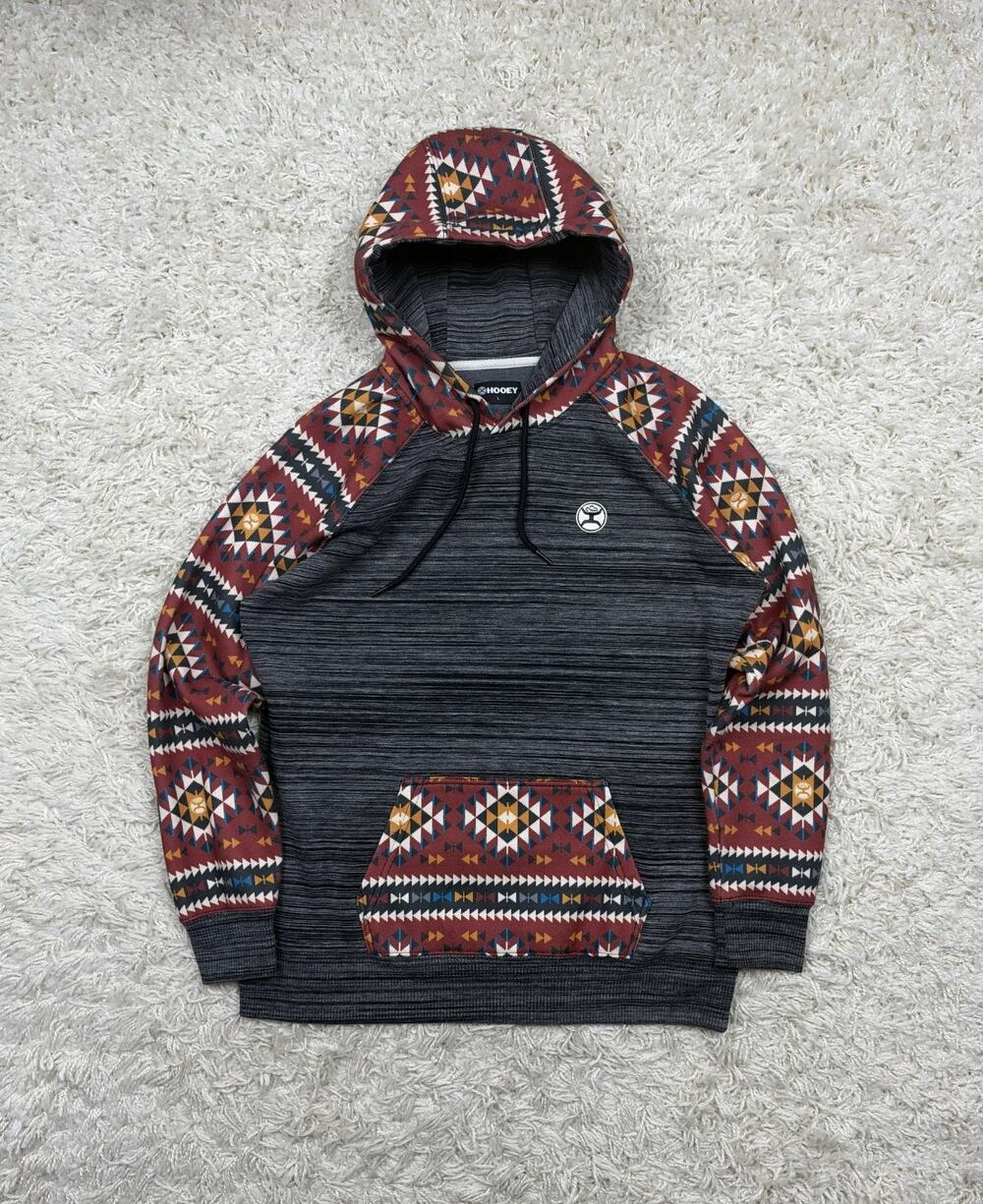 Hooey Hoodie Mens Large Gray Red Aztec Raglan Pullover Sweatshirt Western Rodeo